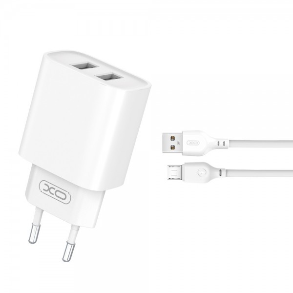 XO Φορτισ΄τής CE02C 2x USB 2,1A + Καλώδιο microUSB - Λευκό