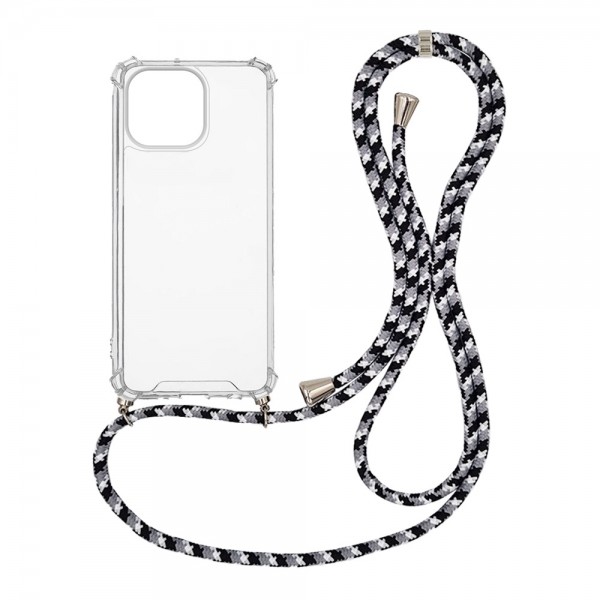 OEM Διαφανο Back Cover Με Κορδόνι Λαιμού για Apple iPhone 14 Pro Max - Μαύρο / White Stripes