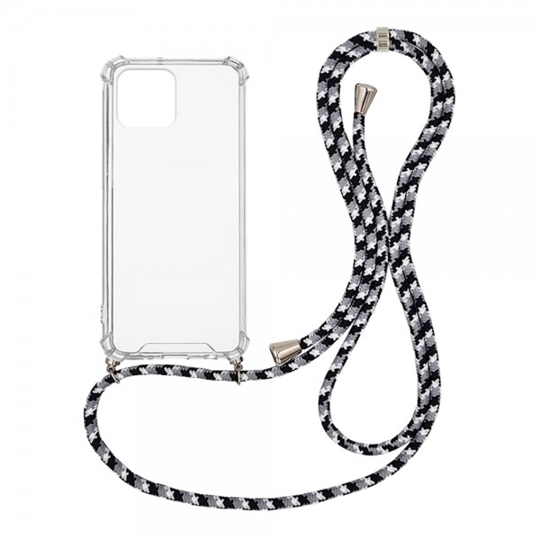 OEM Διαφανο Back Cover Με Κορδόνι Λαιμού για Apple iPhone 12 / 12 Pro - Μαύρο / White Stripes